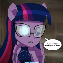 Size: 1920x1920 | Tagged: safe, artist:aryatheeditor, character:twilight sparkle, character:twilight sparkle (scitwi), species:eqg human, my little pony:equestria girls, blue eyes, clothing, daily life, dark, digital art, disaster, female, geode of telekinesis, glass, glasses, glowing eyes, injured, injured wing, magical geodes, mall, ponied up, pony ears, powerful sparkle, sleeveless, solo, straight hair, torn clothes, wings, worried