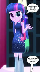 Size: 1080x1920 | Tagged: safe, artist:aryatheeditor, character:twilight sparkle, character:twilight sparkle (scitwi), species:eqg human, my little pony:equestria girls, asking, boots, bubble, bust, carousel boutique, confused, cutie mark, digital art, female, heterochromia, outfit, photo, portrait, powerful sparkle, shoes, sleeveless, solo, straight hair