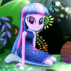 Size: 1920x1920 | Tagged: safe, artist:aryatheeditor, character:twilight sparkle, character:twilight sparkle (scitwi), species:eqg human, my little pony:equestria girls, boots, bush, butterfly, cutie mark, daily life, everfree forest, female, forest, grasshopper, heterochromia, looking at you, photo, powerful sparkle, shoes, sleeveless, solo, straight hair, wood