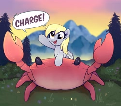 Size: 2048x1803 | Tagged: safe, artist:moozua, character:derpy hooves, species:crab, species:pegasus, species:pony, cute, derpabetes, dialogue, female, giant crab, mare, mountain, outdoors, speech bubble