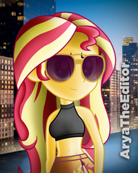 Size: 2000x2500 | Tagged: safe, artist:aryatheeditor, character:sunset shimmer, my little pony:equestria girls, aviator glasses, bacon hair, belly button, bikini, building, city, clothing, cool, cutie mark, evening, female, geode of empathy, magical geodes, mature, midriff, photo, sexy, sleeveless, solo, sunglasses, swimming pool, swimsuit
