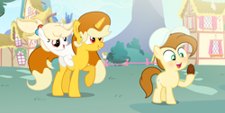 Size: 5369x2705 | Tagged: safe, artist:darbypop1, oc, oc only, oc:lil eggsy, oc:pikachu pancakes, oc:topsy, species:pegasus, species:pony, species:unicorn, chocolate egg, clothing, colt, female, filly, hat, male, mare, ponies riding ponies, riding