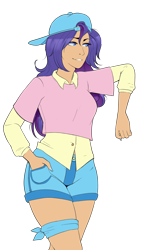 Size: 3300x5100 | Tagged: safe, artist:emberfan11, artist:icey-wicey-1517, edit, character:rarity, species:human, alternate hairstyle, backwards ballcap, baseball cap, cap, clothing, color edit, colored, denim shorts, disguise, female, grin, hand in pocket, hat, humanized, plainity, sexy, shirt, shorts, simple background, smiling, solo, t-shirt, tomboy, transparent background