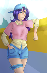 Size: 3300x5100 | Tagged: safe, artist:bublebee123, artist:emberfan11, edit, character:rarity, species:human, alternate hairstyle, backwards ballcap, baseball cap, cap, clothing, color edit, colored, disguise, female, grin, hat, humanized, plainity, shirt, shorts, smiling, solo, t-shirt
