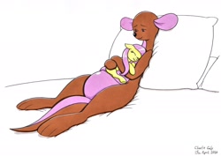 Size: 1920x1362 | Tagged: safe, artist:killerteddybear94, character:fluttershy, crossover, cuddling, cute, eyes closed, kanga, kangaroo, pillow, shyabetes, sleeping, smiling, traditional art, wholesome, winnie the pooh