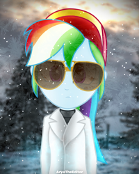 Size: 2000x2500 | Tagged: safe, artist:aryatheeditor, character:rainbow dash, my little pony:equestria girls, aviator glasses, cap, clothing, coat, cold, digital art, female, hat, looking at you, photo, rainbow, shirt, snow, snowfall, solo, sunglasses, winter, winter outfit