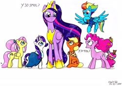 Size: 1920x1359 | Tagged: safe, artist:killerteddybear94, character:applejack, character:fluttershy, character:pinkie pie, character:rainbow dash, character:rarity, character:twilight sparkle, character:twilight sparkle (alicorn), species:alicorn, species:earth pony, species:pegasus, species:pony, species:unicorn, episode:the last problem, g4, my little pony: friendship is magic, clothing, dialogue, flying, hat, looking at each other, mane six, older, older applejack, older fluttershy, older mane six, older pinkie pie, older rainbow dash, older rarity, older twilight, open mouth, princess twilight 2.0, size difference, smol, tol, traditional art