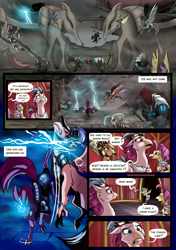 Size: 3541x5016 | Tagged: safe, artist:lummh, character:ocean flow, character:princess skystar, character:queen novo, character:silverstream, character:sky beak, character:tempest shadow, species:hippogriff, species:pony, species:unicorn, comic:twist of faith, my little pony: the movie (2017), absurd resolution, airship, armor, background hippogriff, broken horn, comic, dialogue, female, fight, horn, kicking, lightning, magic, male, mare, mount aris, speech bubble, storm, storm guard, storm king's emblem, storm king's ship, wings, young silverstream