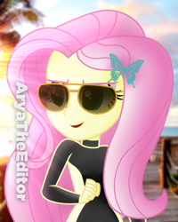 Size: 2000x2500 | Tagged: safe, artist:aryatheeditor, character:fluttershy, my little pony:equestria girls, aviator glasses, badass, butterfly, clothing, cool, digital art, diving suit, female, flutterbadass, geode of fauna, magical geodes, photo, solo, sunglasses, sunset, swimsuit, tree, wetsuit