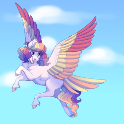 Size: 2200x2200 | Tagged: safe, artist:uunicornicc, oc, oc:fruit loop, species:pegasus, species:pony, colored wings, female, flying, mare, multicolored wings, solo, tail feathers, wings