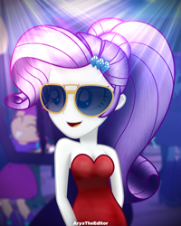 Size: 2000x2500 | Tagged: safe, artist:aryatheeditor, character:rarity, character:scootaloo, species:pegasus, species:pony, my little pony:equestria girls, adorasexy, aviator glasses, bare shoulders, clothing, cute, digital art, dress, female, geode of shielding, magical geodes, party, photo, screencap background, sexy, sleeveless, solo, strapless