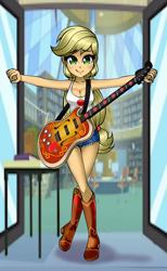 Size: 800x1300 | Tagged: safe, artist:nekojackun, character:applejack, my little pony:equestria girls, adorasexy, armpits, bass guitar, boots, breasts, busty applejack, canterlot high, cleavage, clothing, commission, cowboy boots, cowgirl, crossed legs, curvy, cute, denim shorts, female, freckles, green eyes, hatless, jackabetes, library, lidded eyes, looking at you, missing accessory, musical instrument, sexy, shoes, shorts, sleeveless, smiling, solo, tank top, tomboy, wavy mouth
