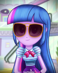Size: 2000x2500 | Tagged: safe, artist:aryatheeditor, character:twilight sparkle, character:twilight sparkle (alicorn), species:alicorn, species:pony, g4, my little pony: equestria girls, my little pony:equestria girls, spoiler:eqg series (season 2), aviator glasses, bow, bow tie, cool, cutie mark, digital art, fanart, female, looking at you, photo, solo, straight hair