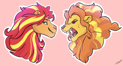 Size: 3530x1900 | Tagged: safe, artist:shimazun, character:adagio dazzle, character:sunset shimmer, ship:sunsagio, big cat, bust, duo, female, lesbian, lion, lioness, lionified, open mouth, pink background, portrait, shipping, simple background, species swap
