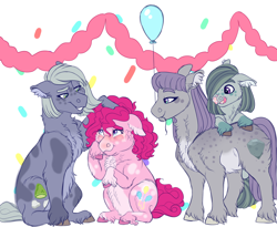 Size: 2200x1800 | Tagged: safe, artist:uunicornicc, character:limestone pie, character:marble pie, character:maud pie, character:pinkie pie, species:pony, alternate design, balloon, cheek fluff, chest fluff, ear fluff, female, filly, filly pinkie pie, fluffy, pale belly, unshorn fetlocks, younger