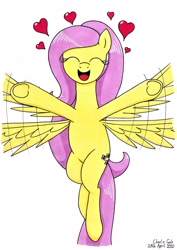 Size: 1920x2707 | Tagged: safe, artist:killerteddybear94, character:fluttershy, species:pegasus, species:pony, cute, dawwww, eyes closed, female, fluttershy day, flying, heart, mare, open mouth, ponytail, shyabetes, simple background, smiling, traditional art, underhoof, white background