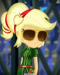 Size: 2000x2500 | Tagged: safe, artist:aryatheeditor, character:applejack, equestria girls:friendship games, g4, my little pony: equestria girls, my little pony:equestria girls, apple, archery, aviator glasses, band, belt, competition, cutie mark, digital art, female, food, geode of super strength, hair, hairpin, magical geodes, outfit, photo, solo