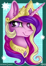 Size: 1600x2263 | Tagged: safe, artist:julunis14, character:princess cadance, species:alicorn, species:pony, accessory swap, alternate hairstyle, bust, crown, ear fluff, female, implied princess celestia, jewelry, looking at you, mane swap, mare, peytral, portrait, regalia, smiling, solo