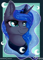Size: 1600x2263 | Tagged: safe, artist:julunis14, character:princess luna, species:alicorn, species:pony, bust, crown, ear fluff, female, jewelry, mare, peytral, portrait, regalia, smiling, solo