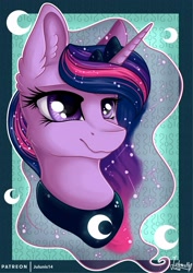 Size: 1600x2263 | Tagged: safe, artist:julunis14, character:twilight sparkle, character:twilight sparkle (alicorn), species:alicorn, species:pony, accessory swap, alternate hairstyle, bust, constellation, crown, ear fluff, ethereal mane, female, flowing mane, implied princess luna, jewelry, mane swap, mare, peytral, portrait, regalia, smiling, solo