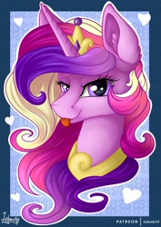 Size: 1600x2264 | Tagged: safe, artist:julunis14, character:princess cadance, species:alicorn, species:pony, bust, crown, ear fluff, female, jewelry, looking at you, mare, peytral, portrait, regalia, solo, tongue out