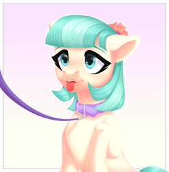 Size: 1434x1455 | Tagged: safe, artist:nika-rain, character:coco pommel, species:earth pony, species:pony, collar, commission, female, leash, pet play, simple background, solo, tongue out, ych result, your character here