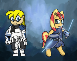 Size: 3000x2400 | Tagged: safe, artist:saburodaimando, character:sunset shimmer, oc, oc:wanda young, species:human, species:pony, ahsoka tano, alternate hairstyle, captain rex, child, clone trooper, clone wars, crossover, female, filly, filly sunset shimmer, lightsaber, star wars, togruta, weapon, younger