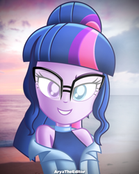 Size: 2000x2500 | Tagged: safe, artist:aryatheeditor, character:twilight sparkle, character:twilight sparkle (scitwi), species:eqg human, g4, my little pony: equestria girls, my little pony:equestria girls, spoiler:eqg series (season 2), beach, clothing, digital art, evening, female, geode of telekinesis, glass, glasses, grin, heterochromia, jacket, looking at you, magical geodes, powerful sparkle, relaxed, sexy, shirt, sleeveless, sleeveless shirt, smiley face, smiling, solo