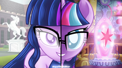 Size: 2560x1440 | Tagged: safe, artist:aryatheeditor, character:twilight sparkle, character:twilight sparkle (scitwi), species:eqg human, species:pony, species:unicorn, g4, my little pony: equestria girls, my little pony:equestria girls, spoiler:eqg series (season 2), canterlot high, clothing, digital art, duality, element of magic, female, geode of telekinesis, glass, glasses, heterochromia, human and pony, magic, magical geodes, mirror, ponied up, portal, powerful sparkle, shirt, sleeveless, sleeveless shirt, solo, wings