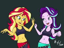 Size: 1024x768 | Tagged: safe, artist:mayorlight, character:starlight glimmer, character:sunset shimmer, ship:shimmerglimmer, my little pony:equestria girls, armpits, belly button, belly dancer, belly dancer outfit, clothing, cute, dancing, digital art, eyelashes, eyeshadow, fanfic, fanfic art, fanfic cover, female, glimmerbetes, hoof hands, leggings, lesbian, long hair, makeup, midriff, open mouth, pose, procreate app, sarong, shimmerbetes, shipping, sports bra
