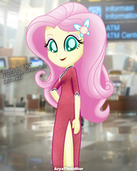 Size: 2000x2500 | Tagged: safe, artist:aryatheeditor, character:fluttershy, my little pony:equestria girls, airport, beautiful, bust, cutie mark, female, hairpin, kindness, looking at you, photo, portrait, smiling, smiling at you, solo, stewardess