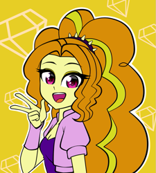 Size: 629x700 | Tagged: safe, artist:nekojackun, character:adagio dazzle, equestria girls:rainbow rocks, g4, my little pony: equestria girls, my little pony:equestria girls, adoragio, breasts, bust, cleavage, cute, cutie mark, eyelashes, female, looking at you, open mouth, peace sign, simple background, small breasts, smiling, solo, when she smiles, yellow background