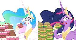 Size: 1883x1000 | Tagged: safe, artist:atariboy2600, edit, character:princess celestia, character:twilight sparkle, character:twilight sparkle (alicorn), species:alicorn, species:pony, episode:the last problem, g4, my little pony: friendship is magic, burger, cake, cakelestia, cakes, food, future, future twilight, gabby gums, hay burger, princess twilight 2.0, side by side, twilight burgkle, vector, vector edit