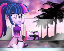 Size: 2500x2000 | Tagged: safe, artist:aryatheeditor, character:twilight sparkle, character:twilight sparkle (scitwi), species:eqg human, my little pony:equestria girls, armed, clothing, cutie mark, digital art, evening, female, geode of telekinesis, glass, glasses, heterochromia, knife, leg strap, looking at you, magical geodes, palm tree, photo, poolside, powerful sparkle, prepared, sexy, shiny, sleeveless, smiling, smiling at you, solo, swimming pool, swimsuit, tree, wet