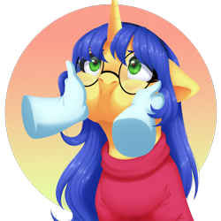 Size: 1500x1500 | Tagged: safe, artist:nika-rain, oc, oc only, oc:logical leap, species:human, species:pony, species:unicorn, :i, clothing, commission, cute, disembodied hand, female, floppy ears, glasses, hand, looking up, mare, solo focus, squishy cheeks, sweater, ych result