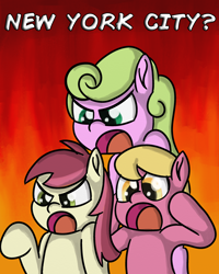 Size: 2400x3000 | Tagged: safe, artist:saburodaimando, character:daisy, character:lily, character:lily valley, character:roseluck, angry, fire background, flower trio, new york city, outrage, pace, pace salsa, salsa