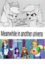 Size: 800x1280 | Tagged: safe, artist:atariboy2600, artist:bluecarnationstudios, artist:xbi edits, edit, character:applejack, character:rainbow dash, character:sunset shimmer, character:twilight sparkle, comic:the amazonian effect, comic:the amazonian effect iii, my little pony:equestria girls, applejack's hat, applejacked, clothing, comparison, cowboy hat, explicit series, hat, muscles, small ears