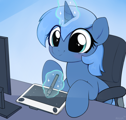 Size: 3000x2855 | Tagged: no source, source needed, safe, artist:moozua, oc, oc only, oc:paamayim nekudotayim, species:pony, species:unicorn, blushing, cel shading, chair, commission, computer screen, cute, drawing, drawing tablet, female, gradient background, looking at something, magic, mare, ocbetes, shading, signature, sitting, smiling, solo, stylus, table, telekinesis, wacom, wacom tablet
