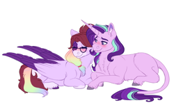 Size: 2200x1300 | Tagged: safe, artist:uunicornicc, character:starlight glimmer, oc, oc:maiberry, species:pegasus, species:pony, glasses, prone, simple background, white background