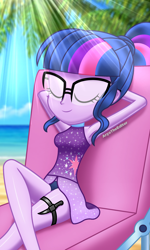 Size: 1500x2500 | Tagged: safe, artist:aryatheeditor, character:twilight sparkle, character:twilight sparkle (scitwi), species:eqg human, my little pony:equestria girls, armed, armpits, beach, beach chair, chair, clothing, cloud, crossed legs, cute, day, digital art, eyes closed, featured on derpibooru, female, geode of telekinesis, glass, glasses, hands on head, headcanon, knife, leg strap, legs, magical geodes, palm tree, powerful sparkle, prepared, purple swimsuit, relaxed, relaxing, sand, sexy, sitting, sleeping, sleeveless, smiling, solo, sunlight, sunny day, swimsuit, thighs, tree, water, wave, weapon
