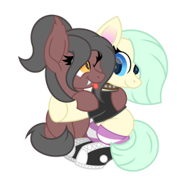 Size: 1800x1800 | Tagged: safe, artist:ponkus, oc, oc:arrell, oc:ashy night, species:bat pony, species:earth pony, species:pony, blep, cute, fangs, female, hug, mare, one eye closed, simple background, slit eyes, tongue out, transparent background, wink