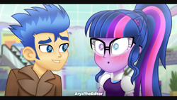Size: 3840x2160 | Tagged: safe, artist:aryatheeditor, character:flash sentry, character:twilight sparkle, character:twilight sparkle (scitwi), species:eqg human, ship:flashlight, my little pony:equestria girls, blushing, canterlot, clothing, coat, female, geode of telekinesis, glass, glasses, hairpin, heterochromia, magical geodes, male, movie, movie reference, outfit, ponytail, powerful sparkle, sciflash, shipping, shocked, straight