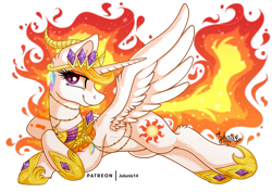 Size: 1600x1132 | Tagged: safe, artist:julunis14, character:nightmare star, character:princess celestia, species:alicorn, species:pony, clothing, evil celestia, female, fire, jewelry, profile, regalia, shoes, simple background, smug smile, solo, transparent background