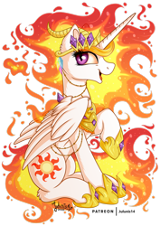 Size: 1600x2263 | Tagged: safe, artist:julunis14, character:nightmare star, species:alicorn, species:pony, female, fire, jewelry, regalia, simple background, smiling, solo, transparent background