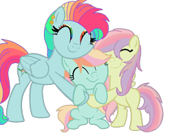 Size: 1000x774 | Tagged: safe, artist:circuspaparazzi5678, base used, oc, oc:rainboom, oc:rainbow blitz, oc:rainbow splash, parent:fluttershy, parent:rainbow dash, parents:flutterdash, species:pegasus, species:pony, cute, ear piercing, earring, eyes closed, female, filly, group hug, hug, hugging a pony, jewelry, magical lesbian spawn, mare, multicolored hair, offspring, piercing, rainbow hair, rainbow makeup, siblings, simple background, sisterly love, sisters, transparent background