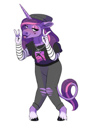 Size: 1500x2000 | Tagged: safe, artist:uunicornicc, oc, oc:pyxis, parent:starlight glimmer, parent:twilight sparkle, parents:twistarlight, species:anthro, species:pony, species:unguligrade anthro, species:unicorn, clothing, female, magical lesbian spawn, offspring, pants, shirt, simple background, solo, white background
