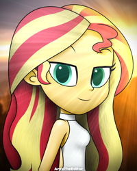 Size: 2000x2500 | Tagged: safe, artist:aryatheeditor, character:sunset shimmer, my little pony:equestria girls, beautiful, bust, clothing, digital art, dress, female, geode of empathy, looking at you, magical geodes, outfit, photo, portrait, relaxing, sleeveless, solo, sunset, white dress