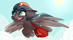 Size: 3000x1656 | Tagged: safe, artist:nekro-led, oc, oc only, oc:five star, species:pegasus, species:pony, bag, cap, clothing, cloud, courier, cute, delivery pony, female, flying, hat, mare, markings, open mouth, shading, solo