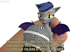 Size: 1004x720 | Tagged: safe, artist:batponyecho, oc, oc only, oc:echo, species:bat pony, species:pony, 3d, bat pony oc, bat wings, fangs, female, giant human, hand, holding a pony, implied mango, mare, meme, microphone, sad, small, smol, solo, source filmmaker, stressed, text, that batpony sure does love mangoes, wings