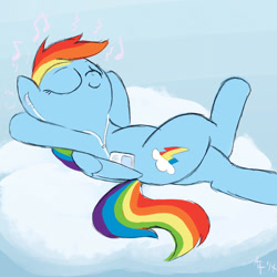 Size: 1000x1000 | Tagged: safe, artist:aa, character:rainbow dash, species:pegasus, species:pony, cloud, crossed legs, cute, dashabetes, earbuds, eyes closed, female, headphones, ipod, mp3 player, music, music player, on a cloud, requested art, solo